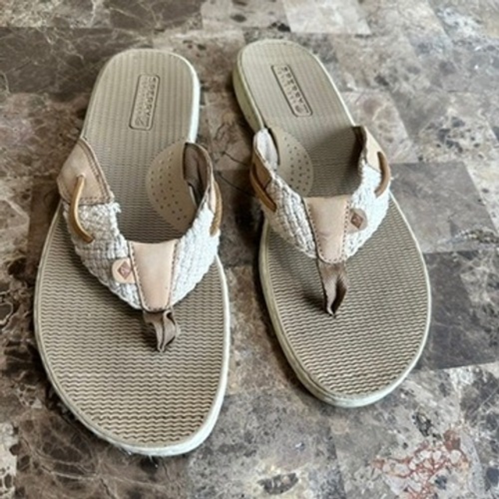 Sperry Top-Sider Womens 11M Tan Leather Woven Thong Flip Flop Sandals Coastal